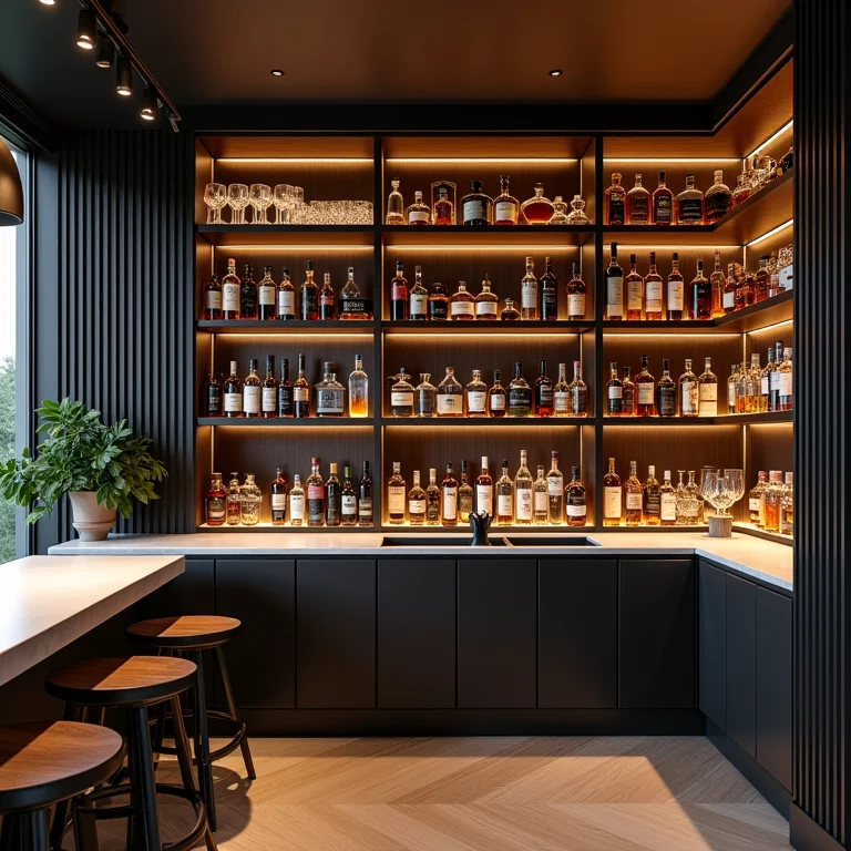 Bar na sala com foco na estética em detrimento da funcionalidade.