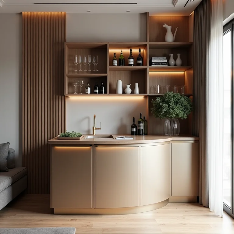 Bar pequeno e funcional em uma sala compacta.
