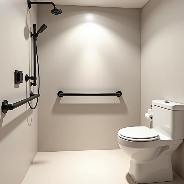 Barras de apoio instaladas perto do vaso sanitário e chuveiro em um banheiro acessível