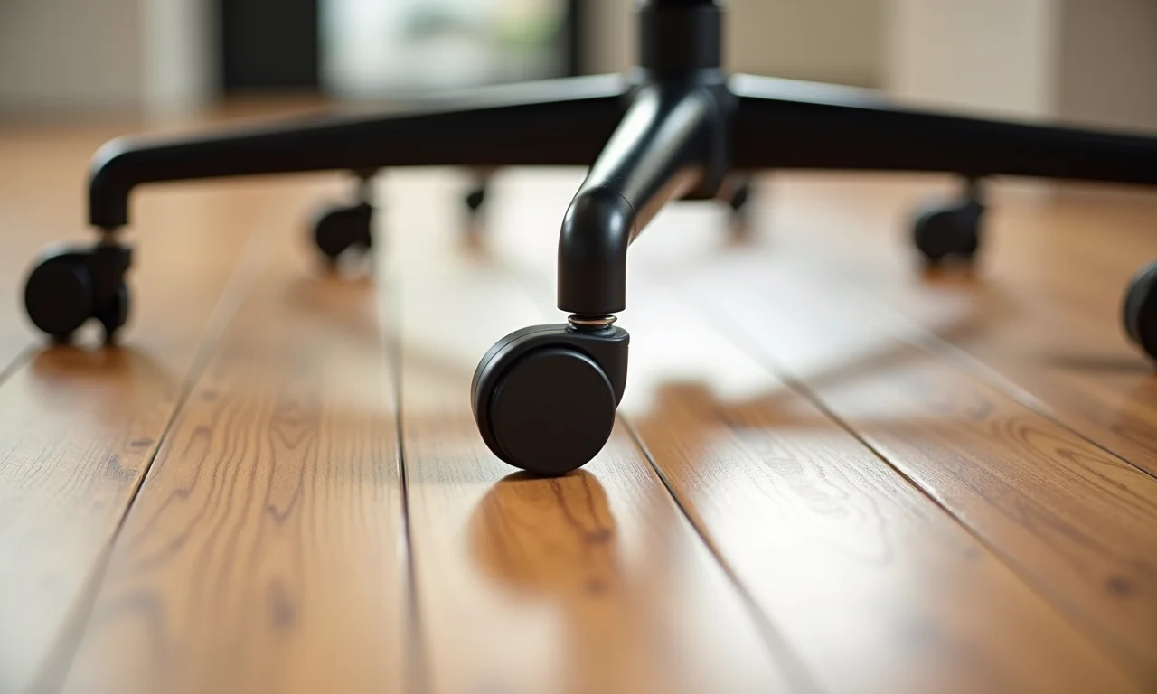 Base de cadeira sem rodinhas protegendo o piso de madeira.