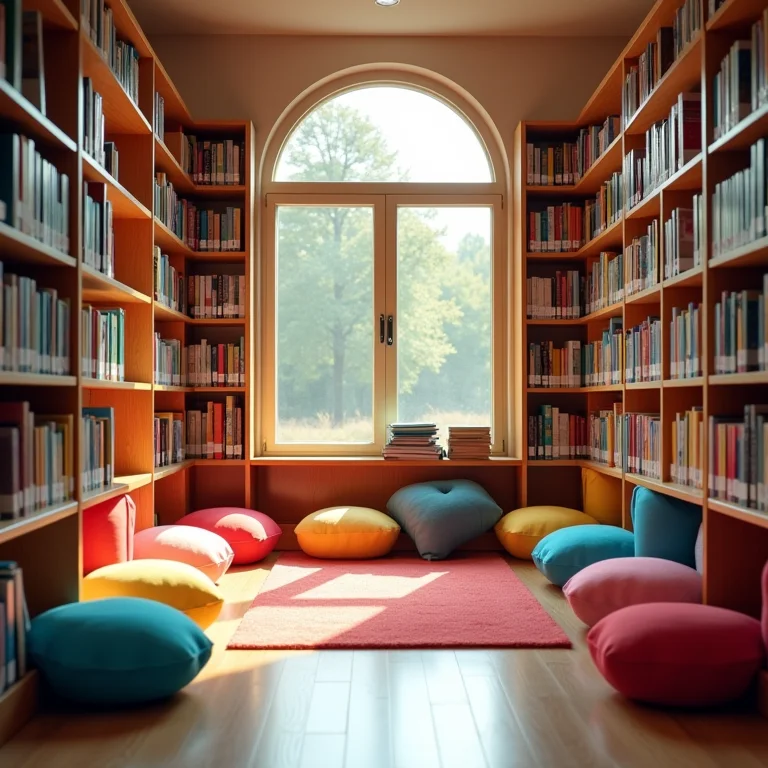Biblioteca escolar com decoração acolhedora