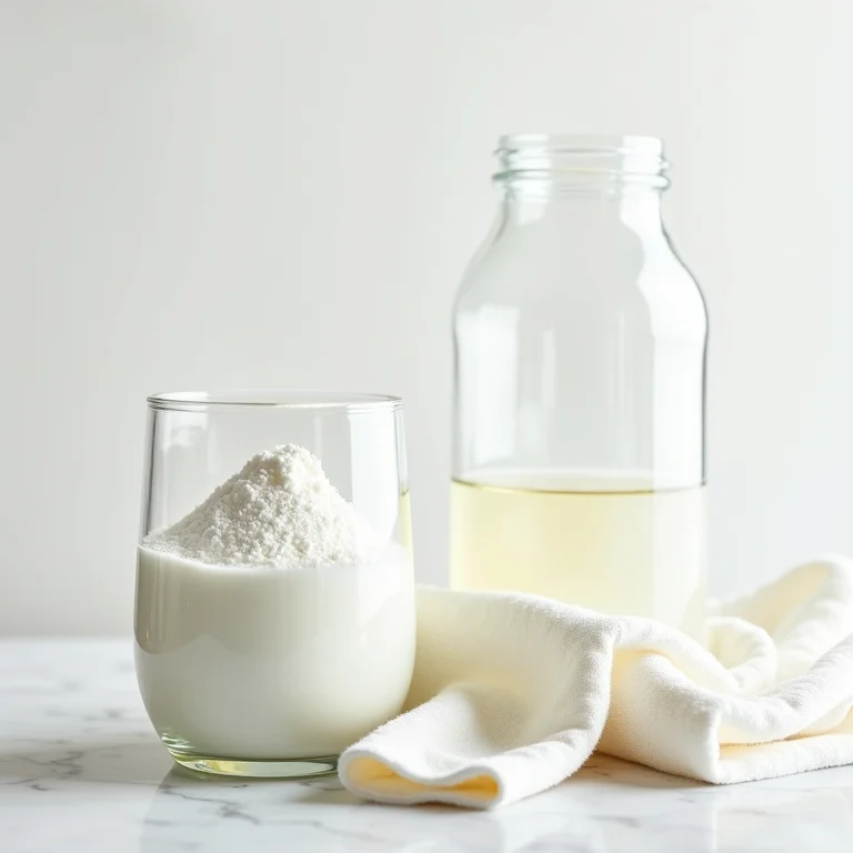 Bicarbonato de sódio e vinagre branco em recipientes de vidro com pano de limpeza.