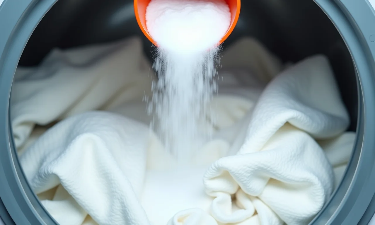 Bicarbonato de sódio sendo adicionado à máquina de lavar com roupas brancas.