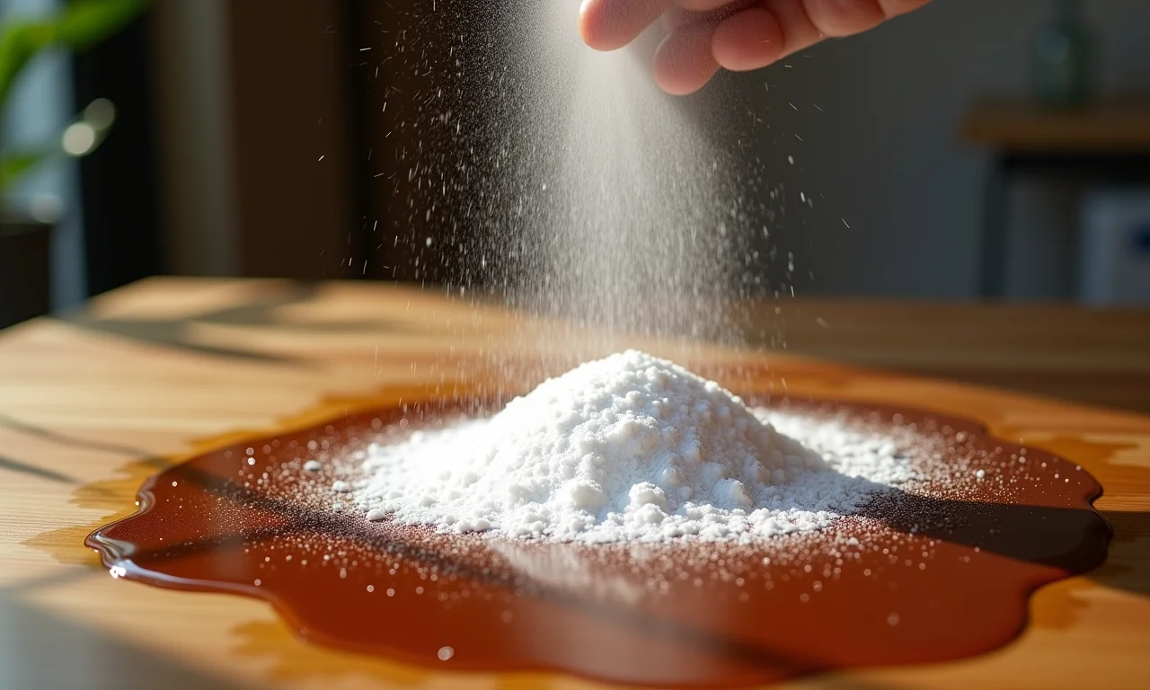 Bicarbonato de sódio sendo aplicado em mancha de café em mesa de madeira.