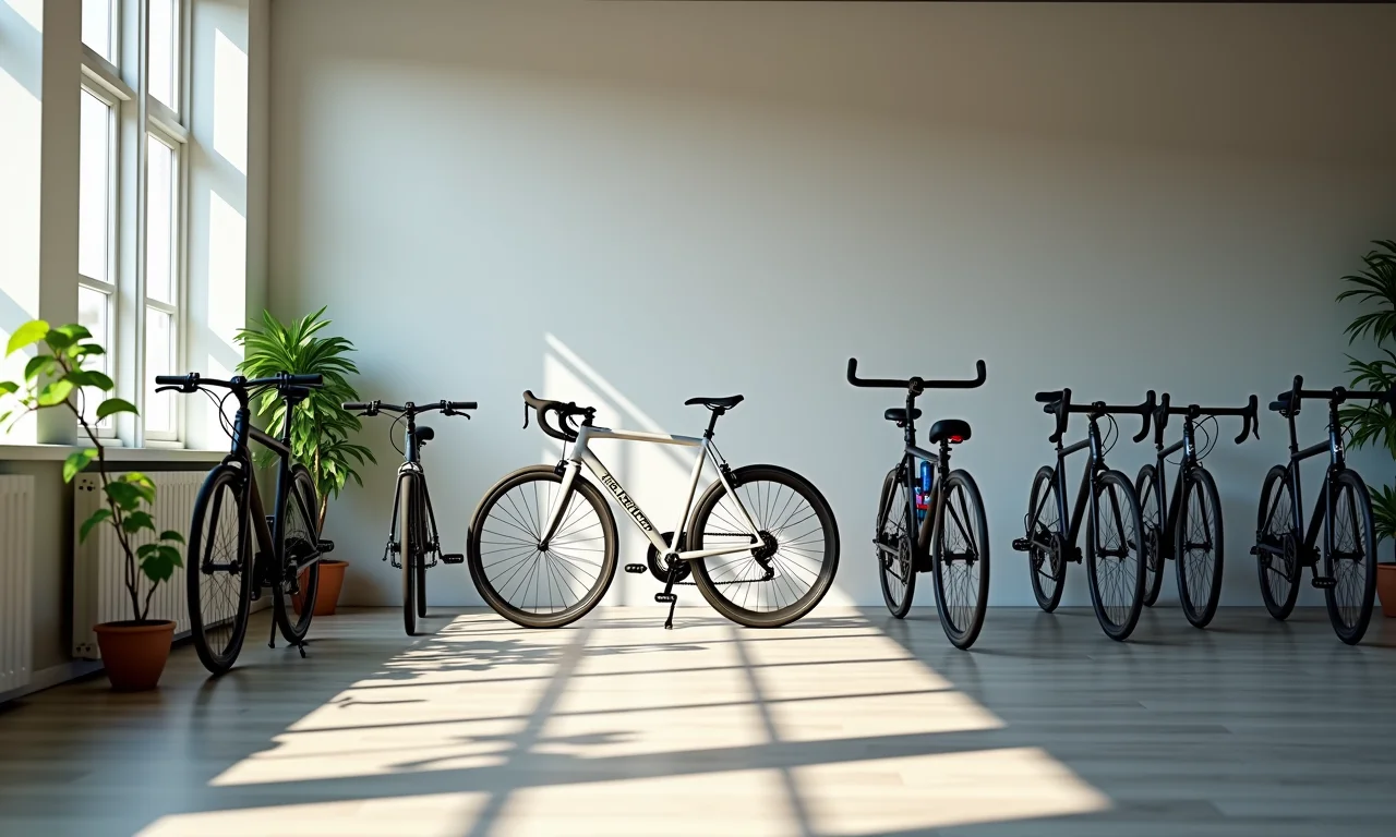 Bicicletário com diversos tipos de bicicletas.