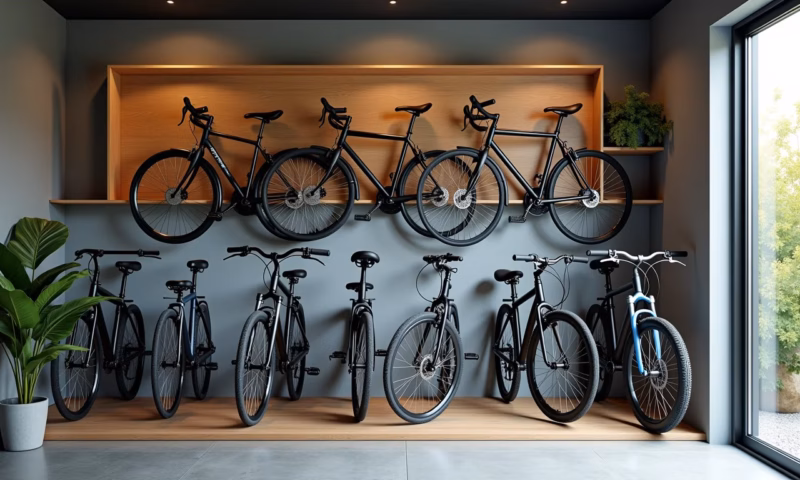 Bicicletário moderno com bicicletas organizadas.