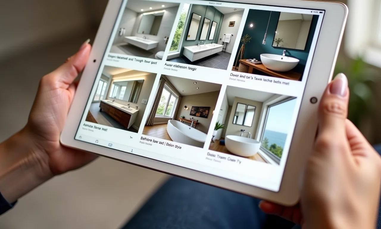 Blogs de design exibindo banheiros com diferentes estilos em um tablet.