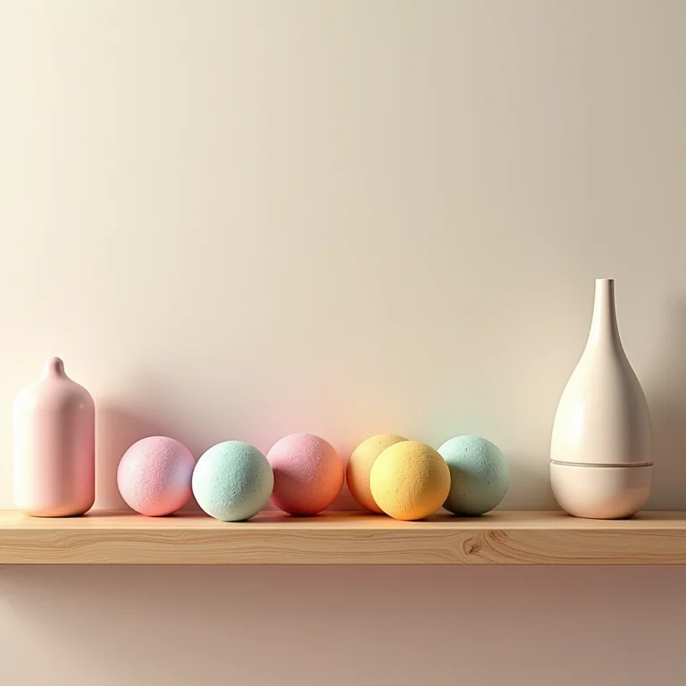 Bombas de banho coloridas e difusores de aromaterapia em prateleira de madeira.