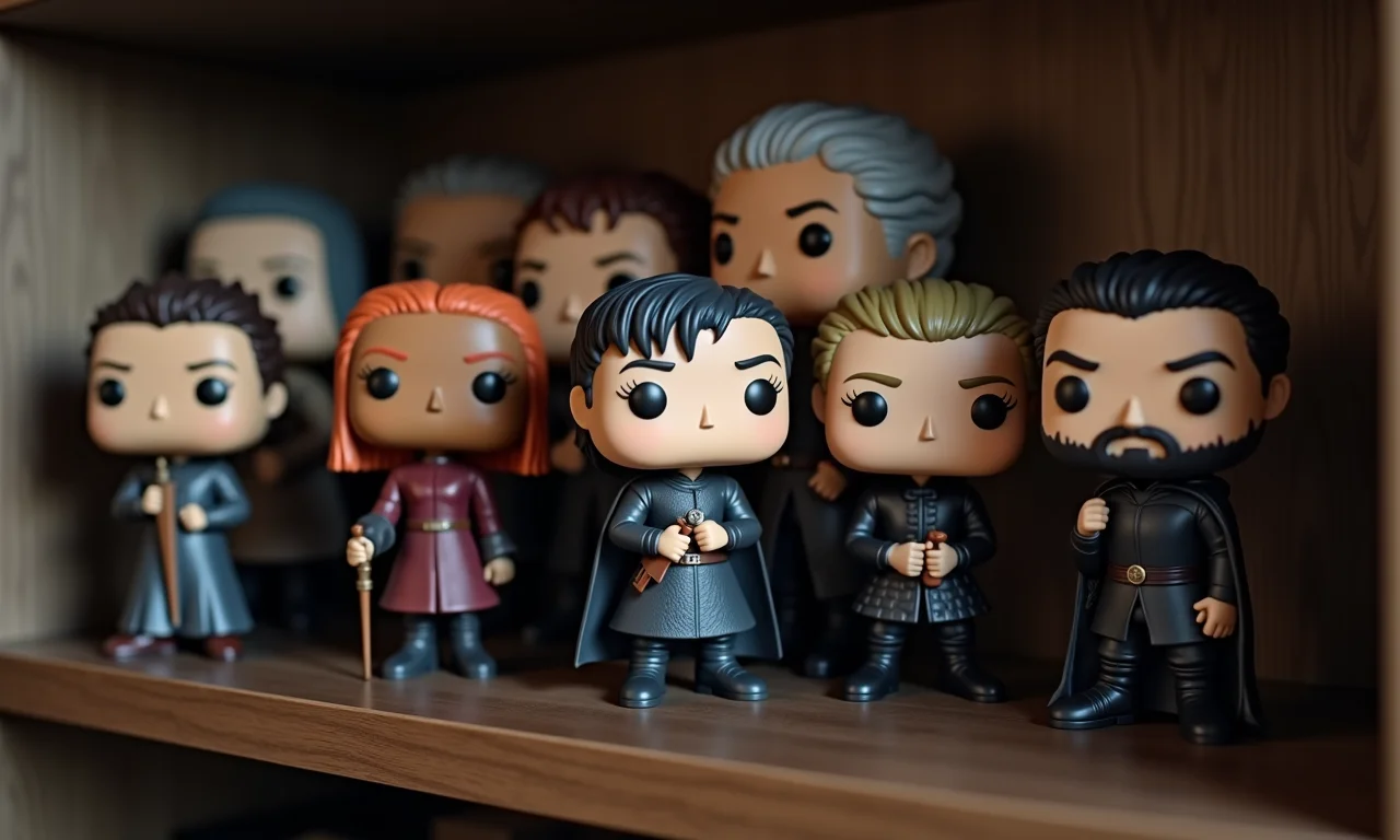 Bonecos Funko Pop de personagens de Game of Thrones exibidos em uma prateleira.
