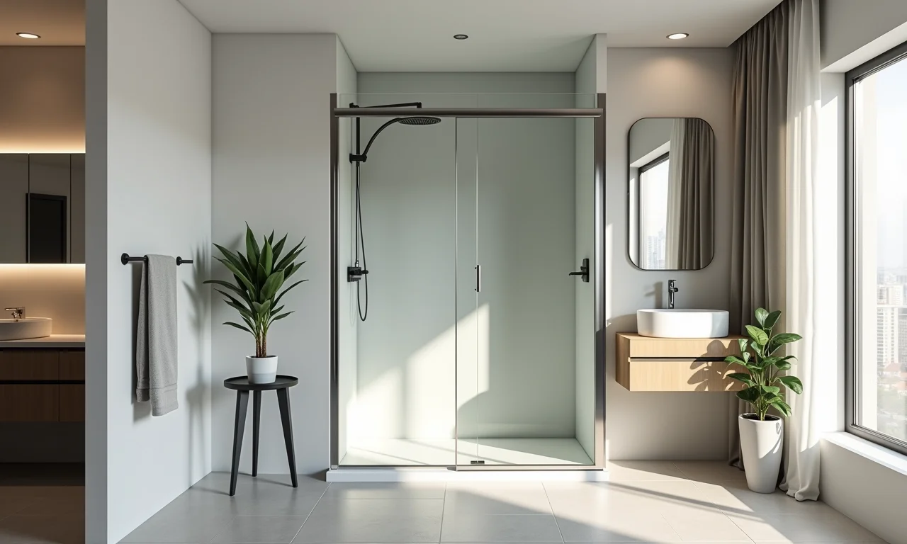 Box com porta de correr otimizando espaço em banheiro pequeno.