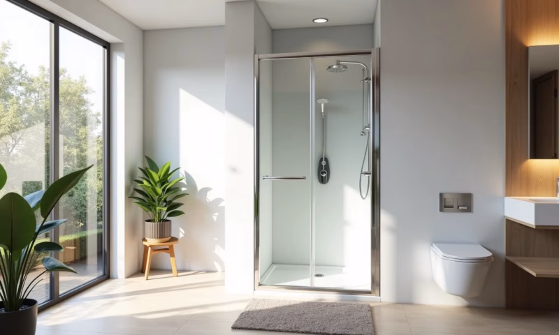 Box de acrílico moderno em banheiro bem iluminado, alternativa acessível ao vidro.