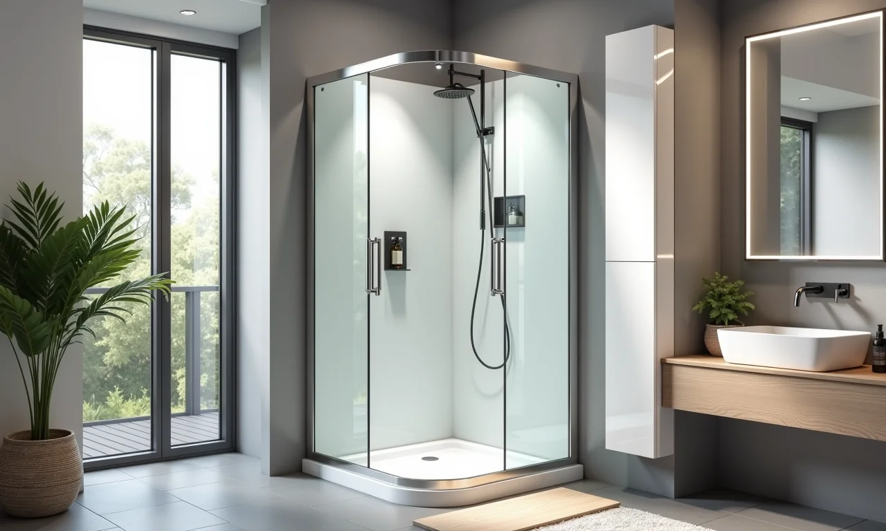 Box de canto de acrílico, otimizando o espaço em banheiro moderno.