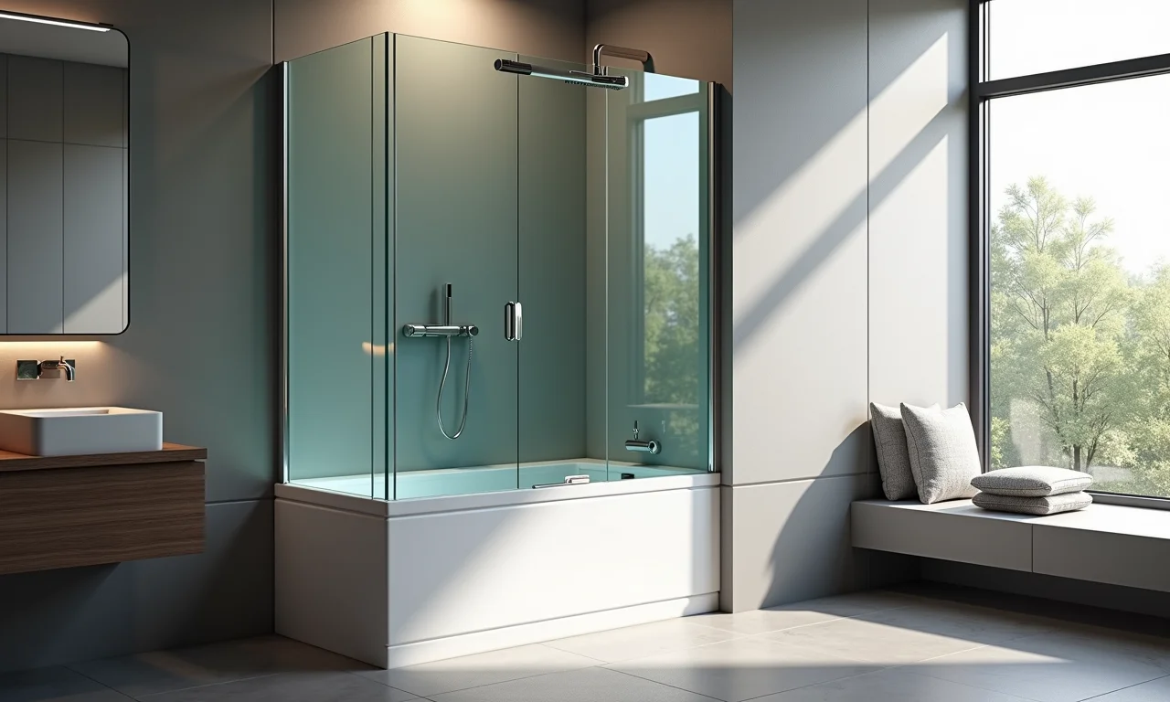 Box frontal de acrílico em banheiro moderno, com design clean e funcional.