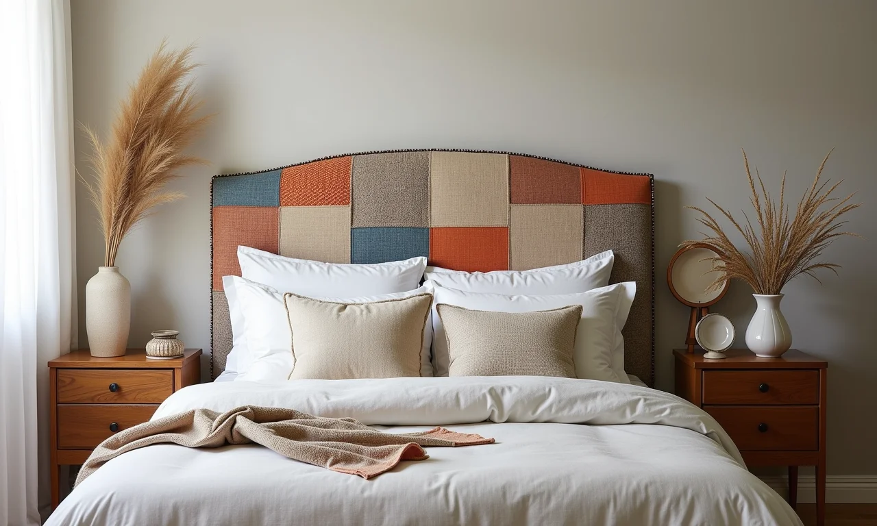 Cabeceira estofada em patchwork com retalhos, destacando a criatividade e sustentabilidade.