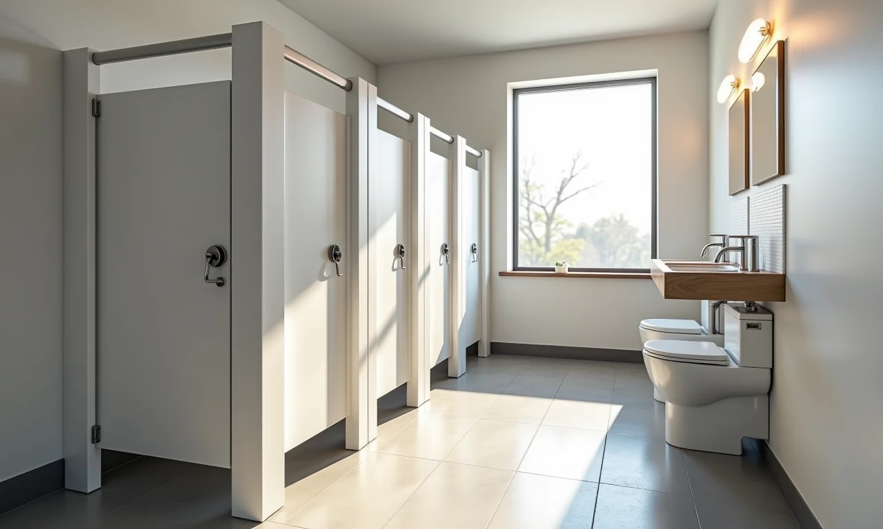 Cabine de banheiro público moderna e acessível para cadeirantes.