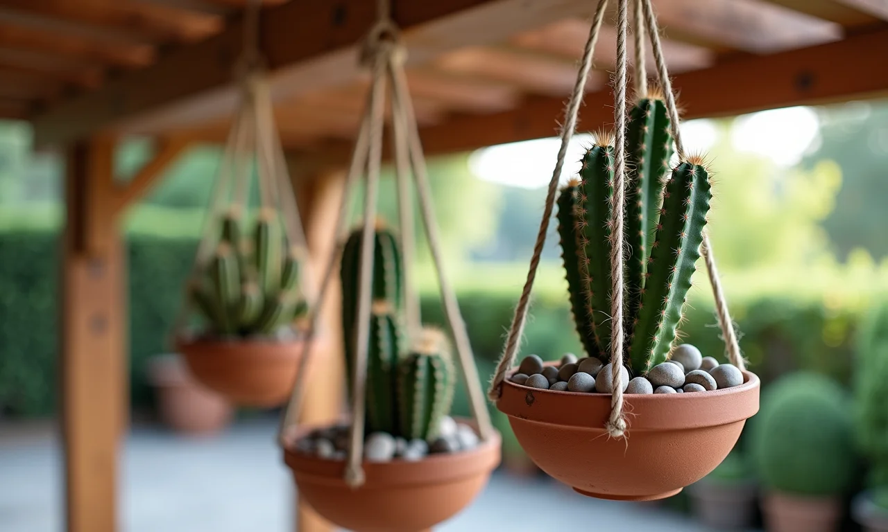 Cactos em vasos suspensos com pedras decorativas.