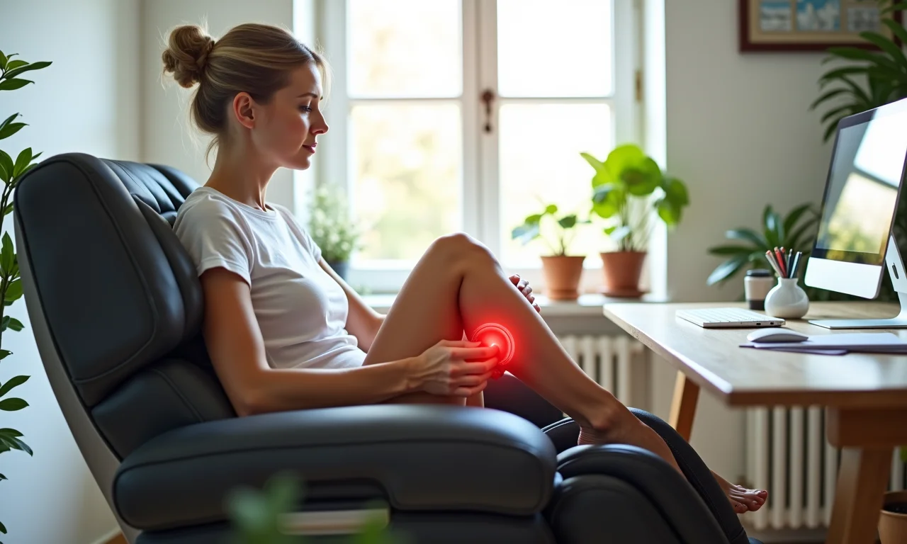 Cadeira de escritório com massagem que melhora a circulação sanguínea de uma mulher.