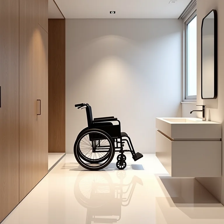 Cadeira de rodas manobrando em um banheiro acessível e espaçoso