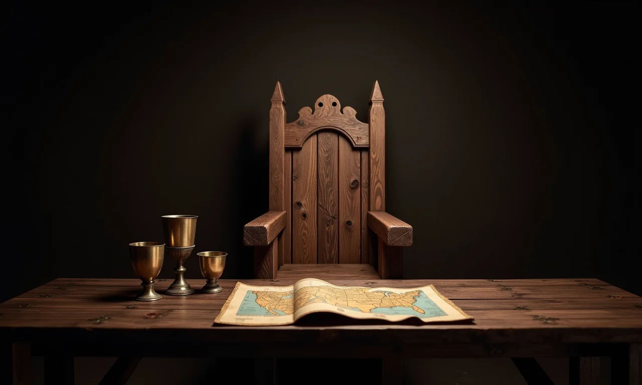 Cadeira de trono de madeira em estilo medieval e mesa rústica com mapas e cálices.