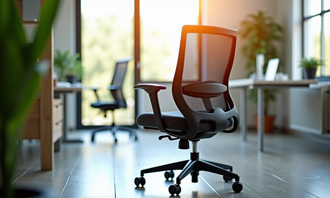 Cadeira ergonômica sem rodinhas com suporte lombar em escritório brasileiro.