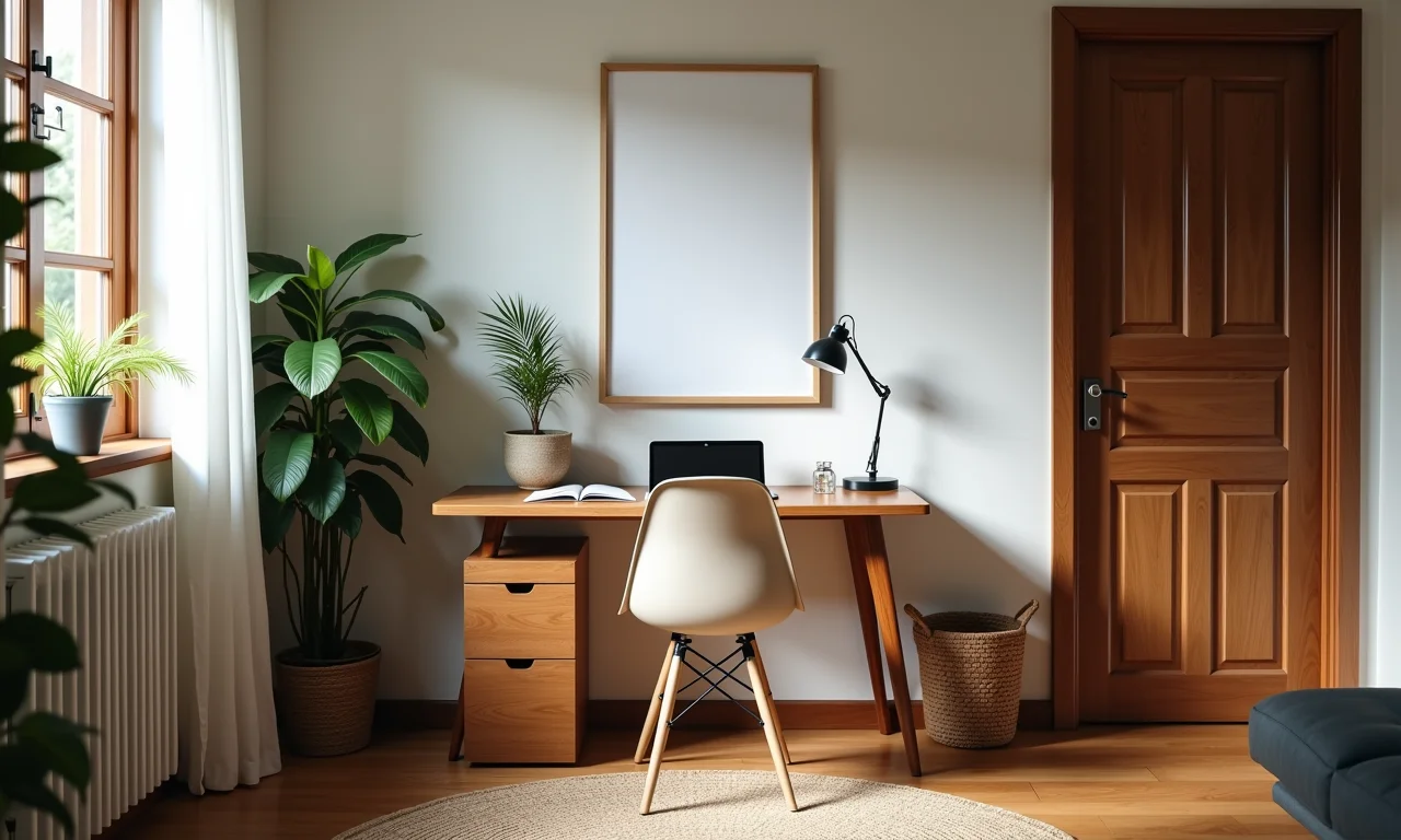 Cadeira sem rodinhas em escritório pequeno e aconchegante com decoração brasileira.