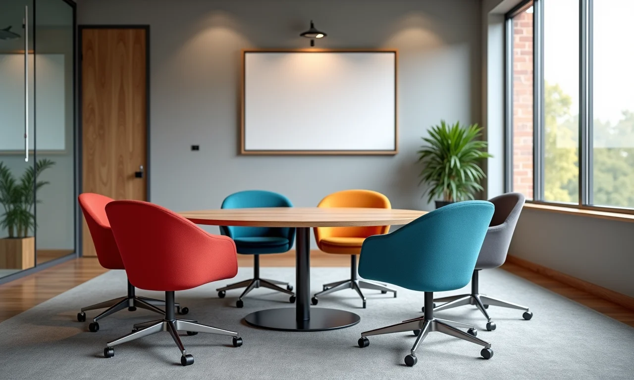 Cadeiras de reunião modernas com cores vibrantes alinhadas à marca da empresa.