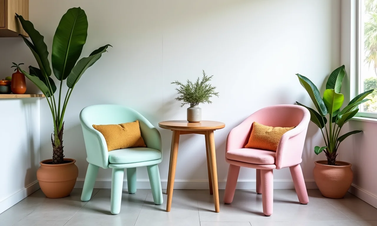 Cadeiras rosa pastel e verde menta em volta de uma mesa de cozinha.