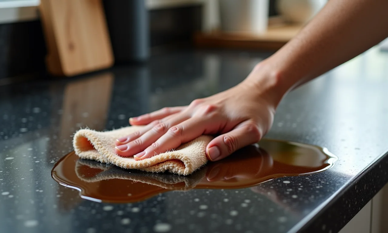 Café sendo limpo rapidamente de bancada de granito preto.