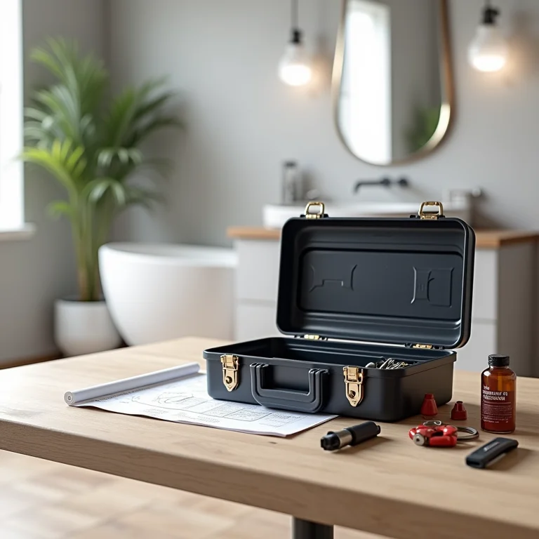 Caixa de ferramentas de encanador com planta hidráulica ao fundo