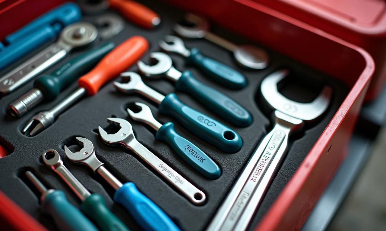 Caixa de ferramentas organizada com ferramentas categorizadas.