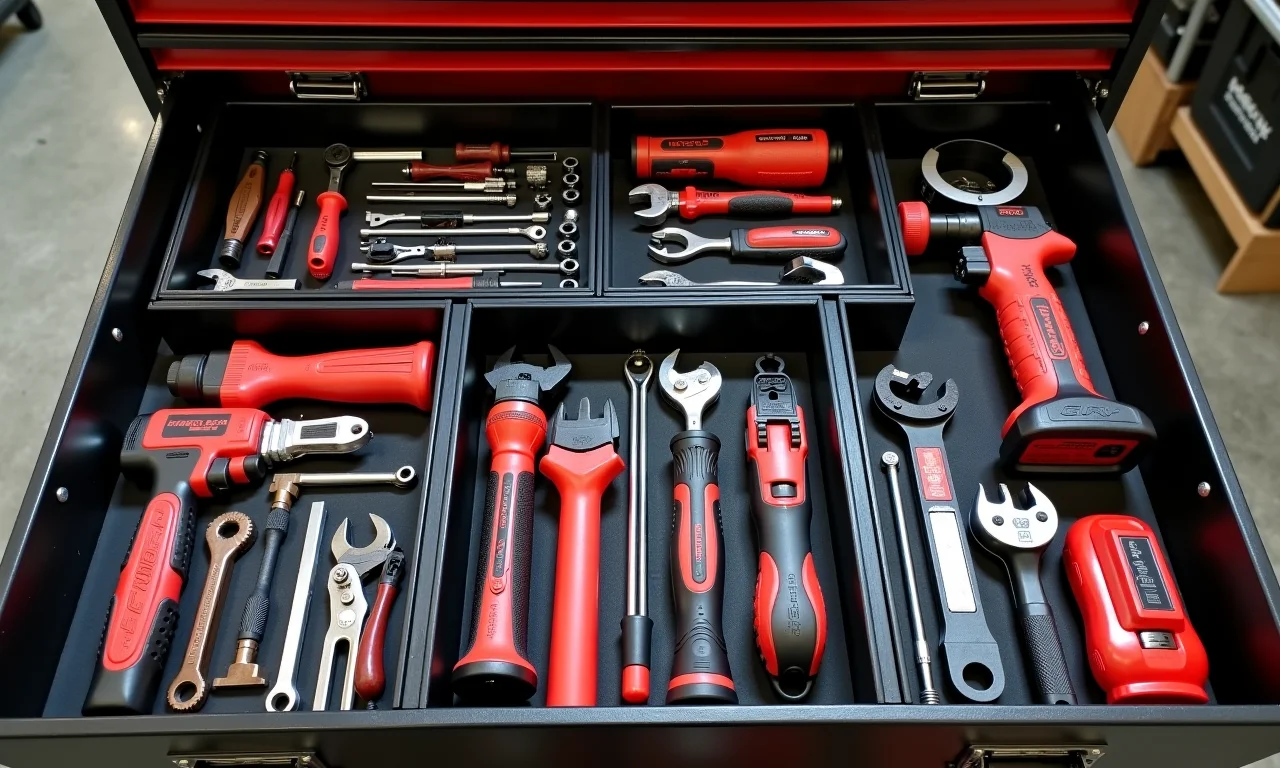 Caixas e maletas organizadoras com ferramentas.