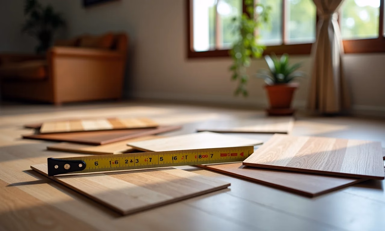 Cálculo de piso: Ferramentas e amostras em mesa colorida, estilo Farm Rio.