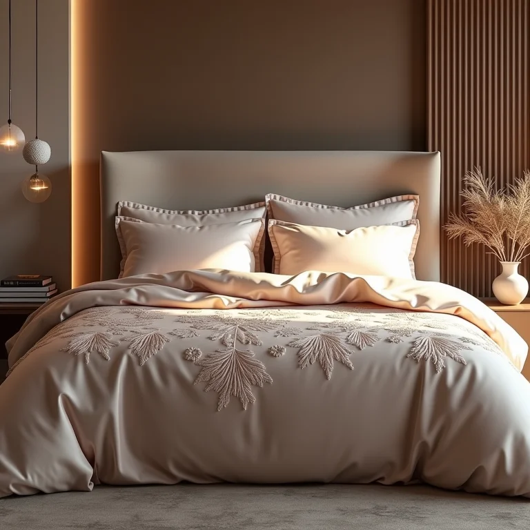 Cama de seda luxuosa com bordados delicados.
