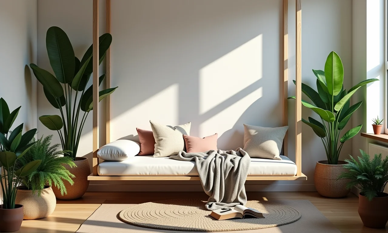 Cama suspensa com área de relaxamento e plantas.