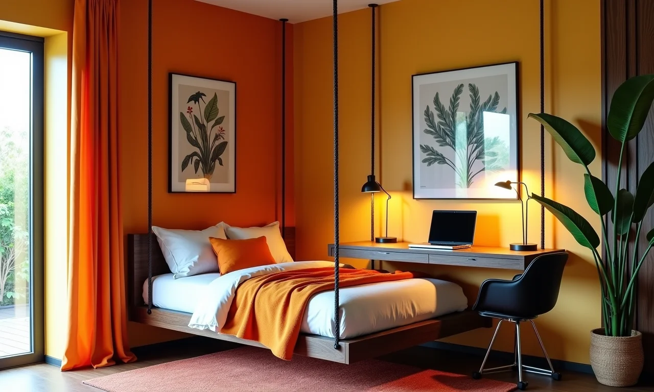 Cama suspensa com escrivaninha embutida e decoração moderna.