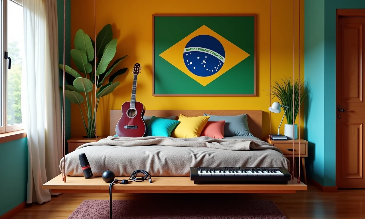 Cama suspensa com espaço para instrumentos musicais.