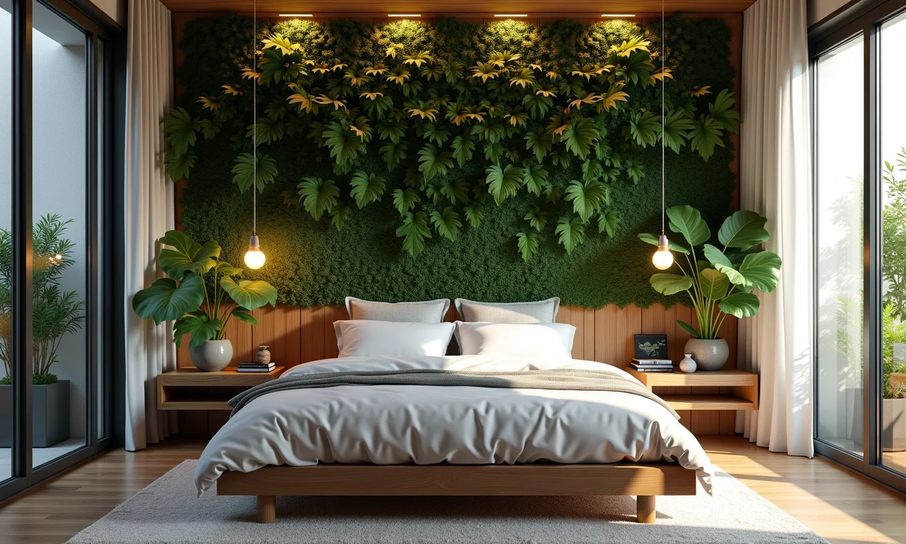 Cama suspensa com jardim vertical exuberante.