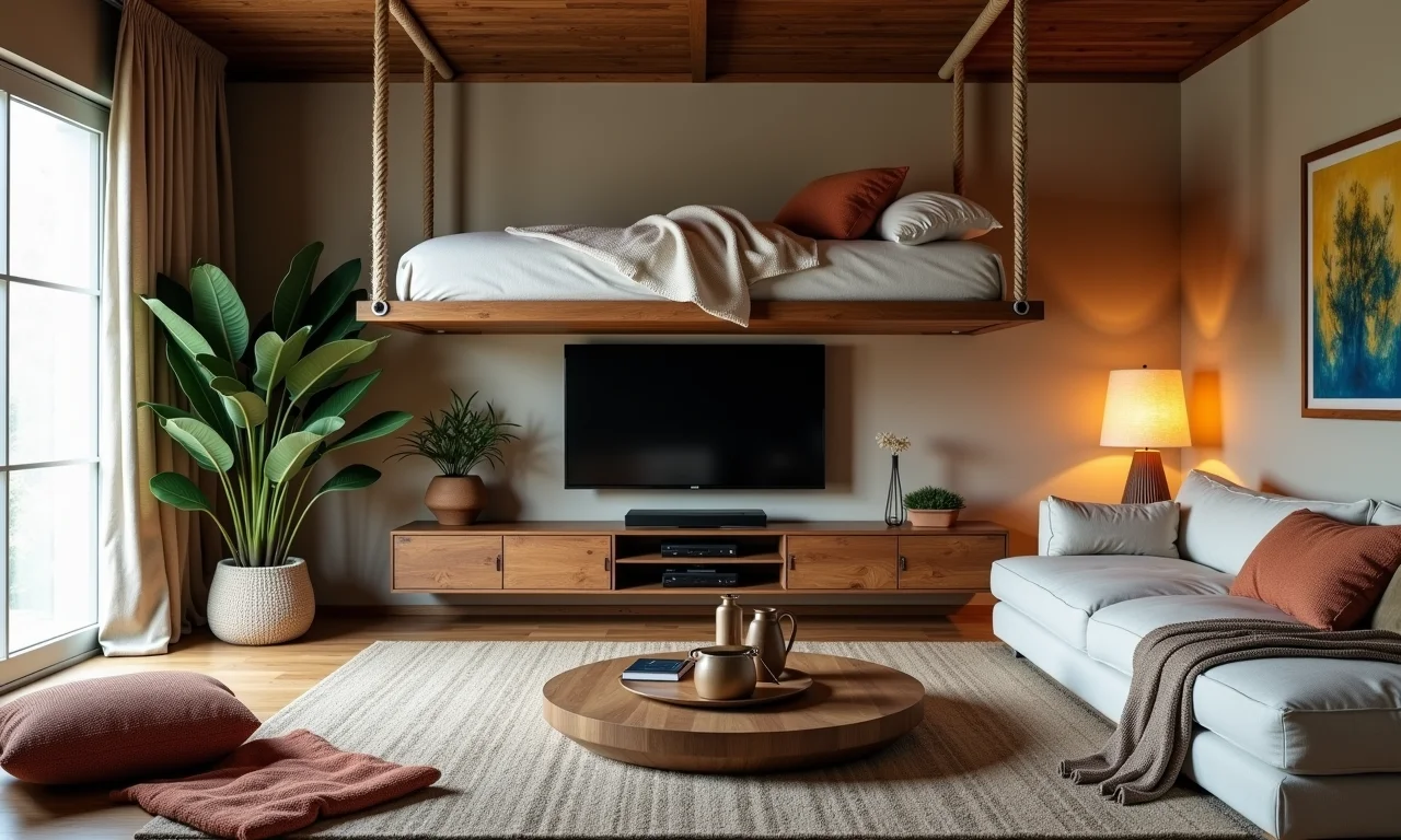 Cama suspensa sobre sofá e TV em sala moderna.