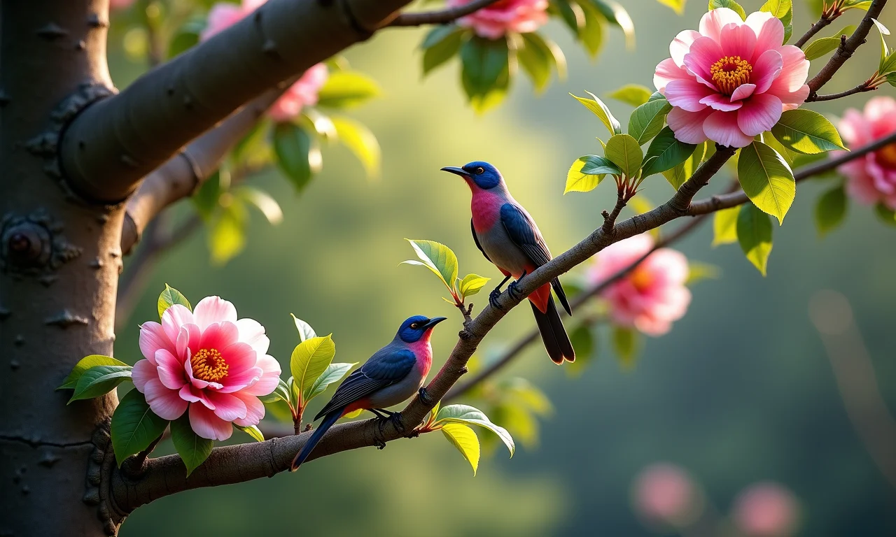 Camélia elegante proporcionando sombra para os pássaros.