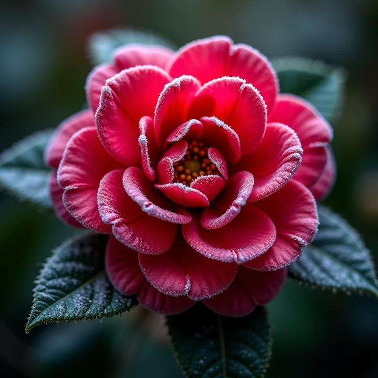 Camélia vermelha coberta de gelo.