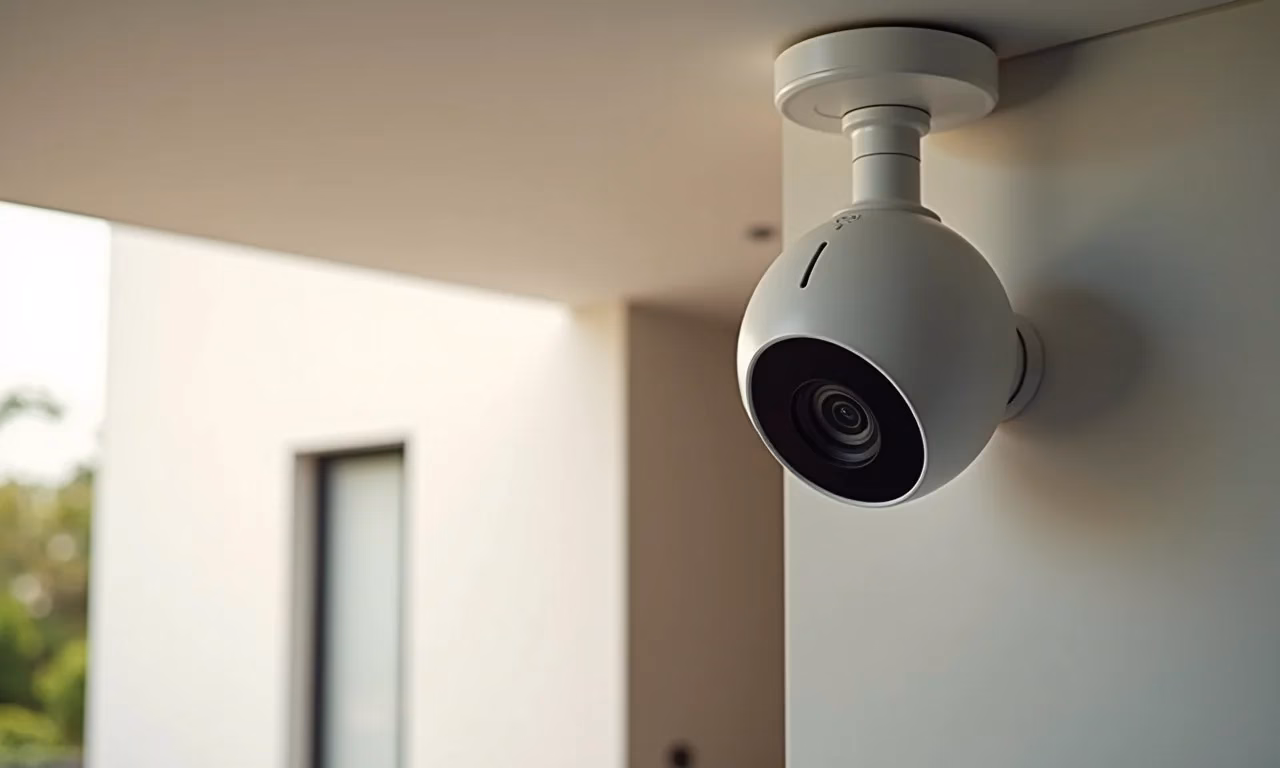 Câmera de segurança 360 Wi-Fi instalada em casa brasileira moderna, oferecendo visão completa.