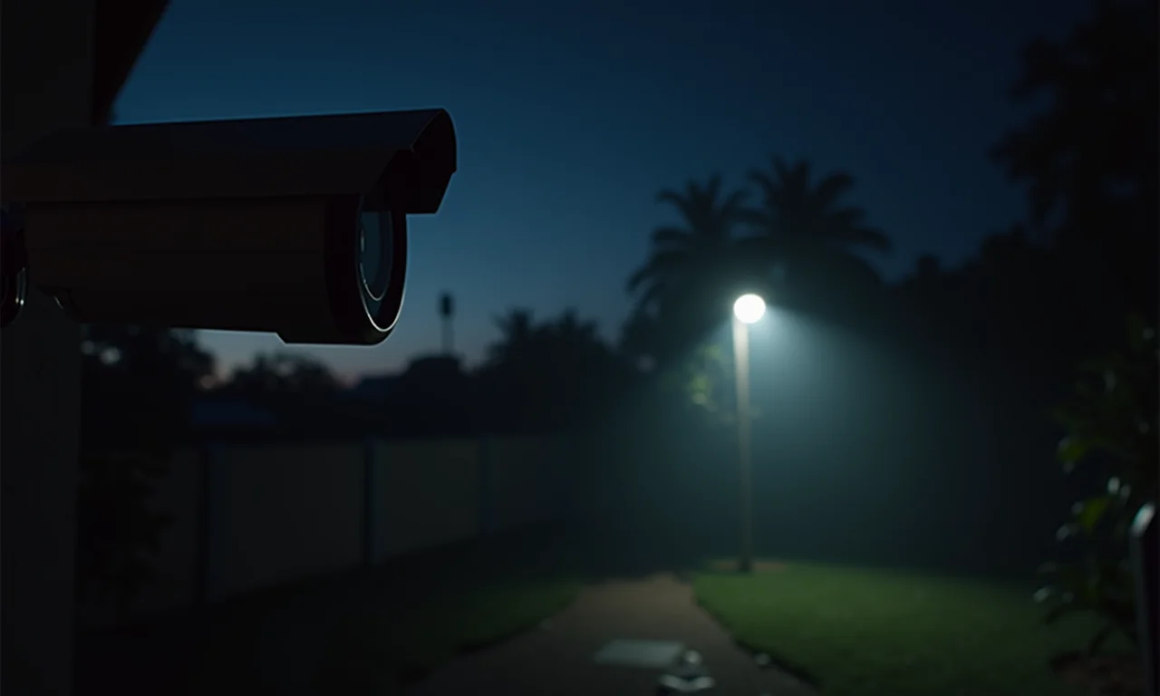 Câmera de segurança com visão noturna capturando imagem clara em quintal brasileiro escuro.