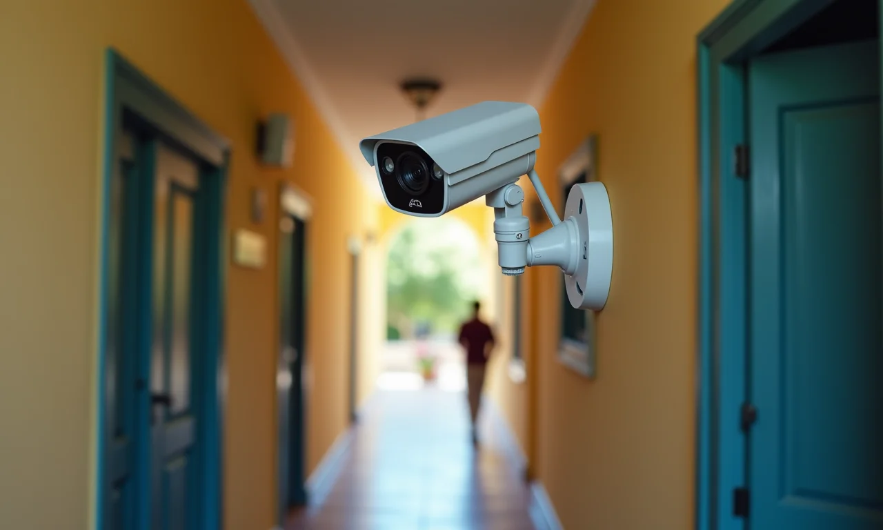 Câmera de segurança detectando movimento em corredor brasileiro.