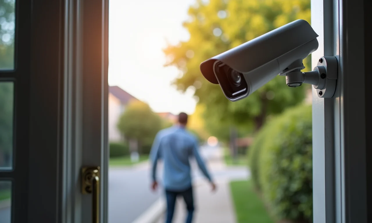 Câmera de segurança dissuadindo criminosos em frente a uma casa.