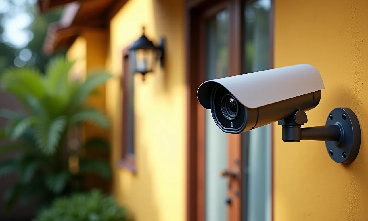 Câmera de segurança externa protegendo entrada de casa brasileira.