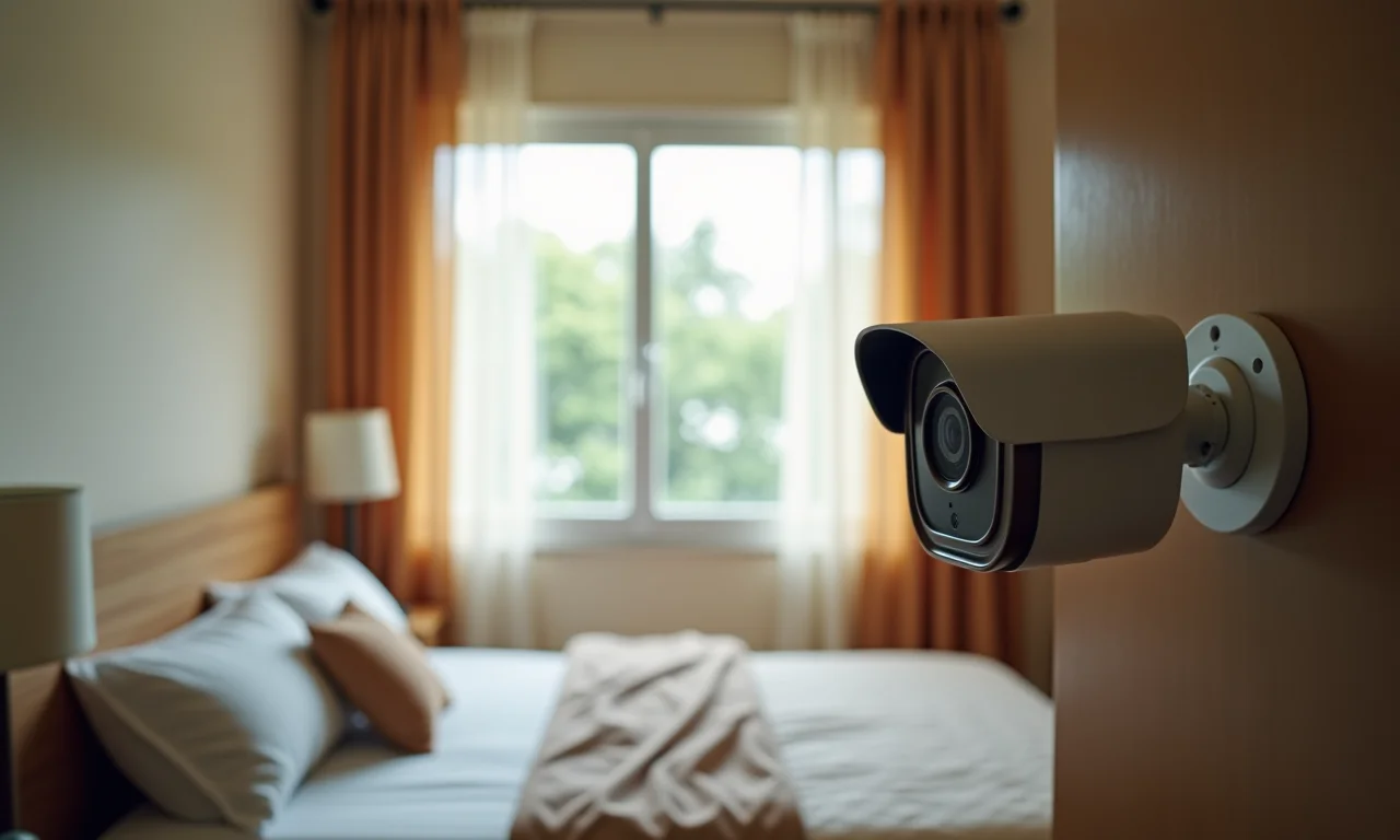 Câmera de segurança interna posicionada em quarto brasileiro.