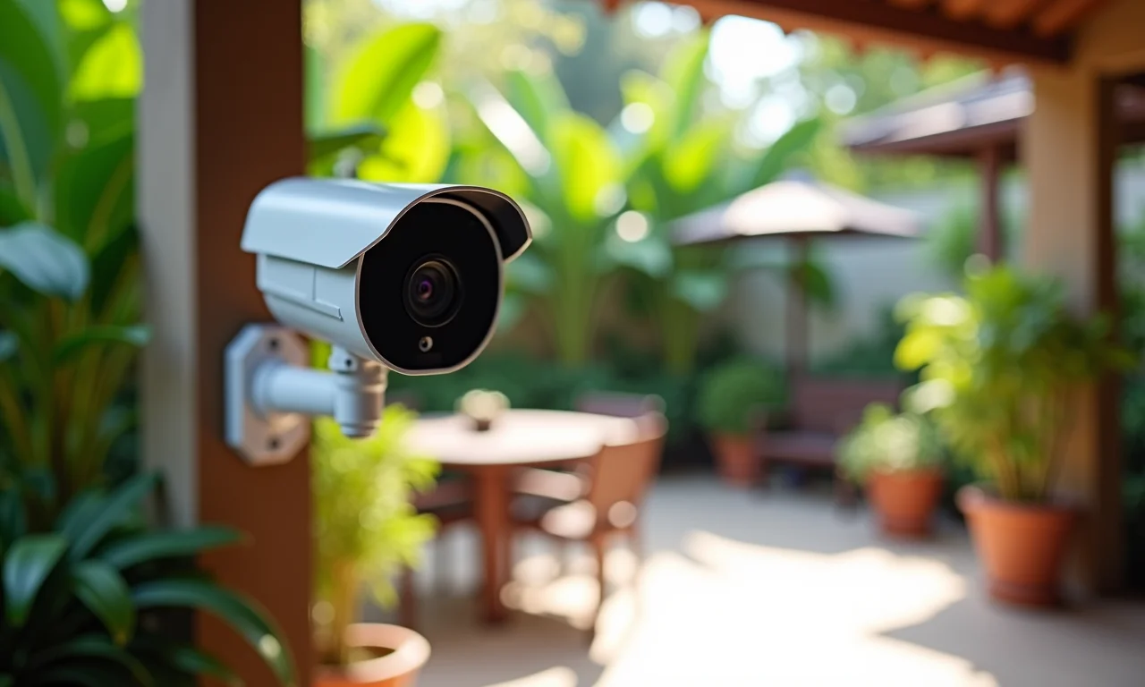Câmera de segurança IP monitorando pátio brasileiro com plantas exuberantes.