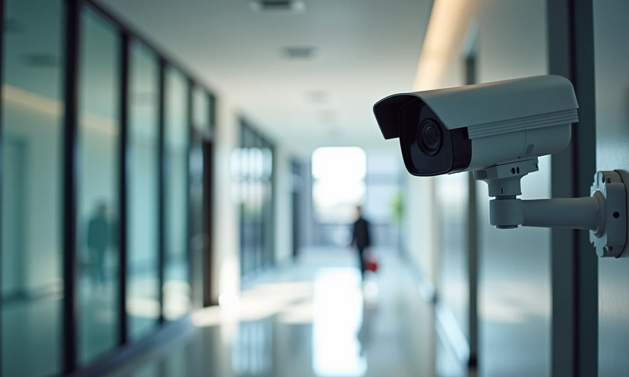Câmeras de segurança modernas instaladas em corredor de edifício.