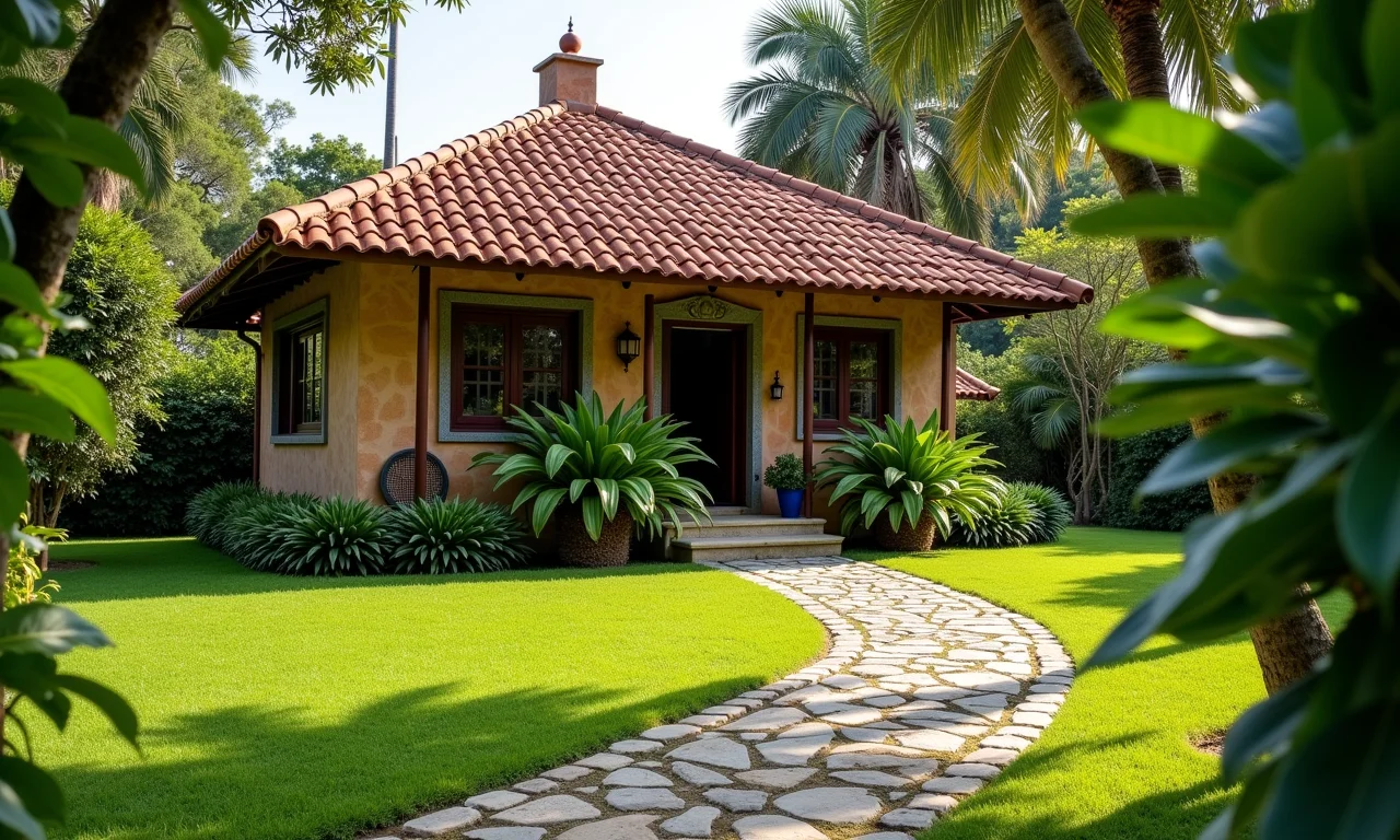 Caminho de pedras charmoso em jardim de casa térrea.