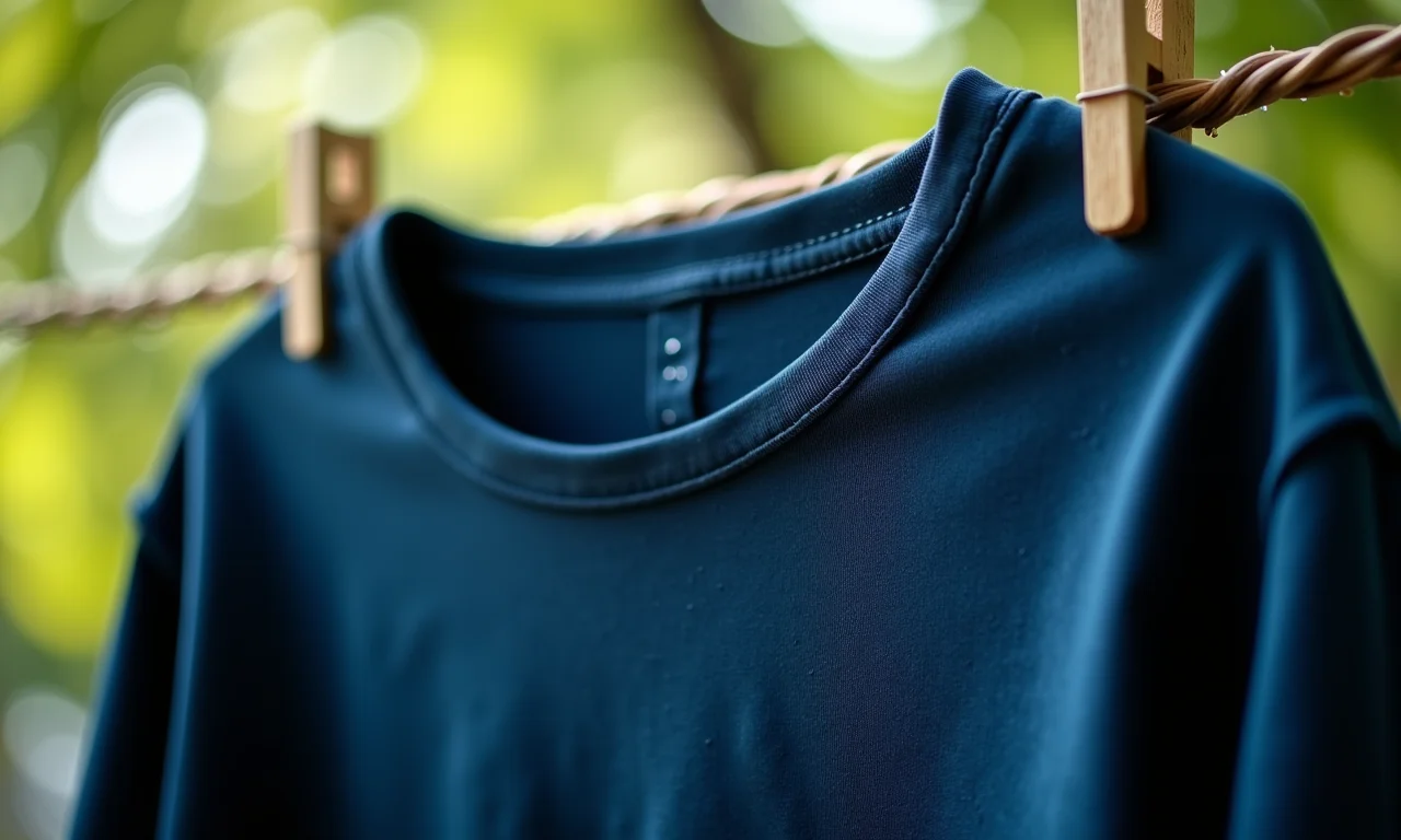 Camisa azul escura no varal com gotas de água.